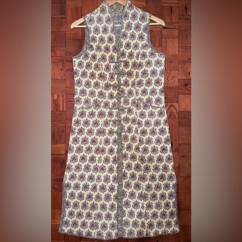 Block Print Quilted Cotton Reversible Long Vest Anokhi Adini Phool Mieko Mintz